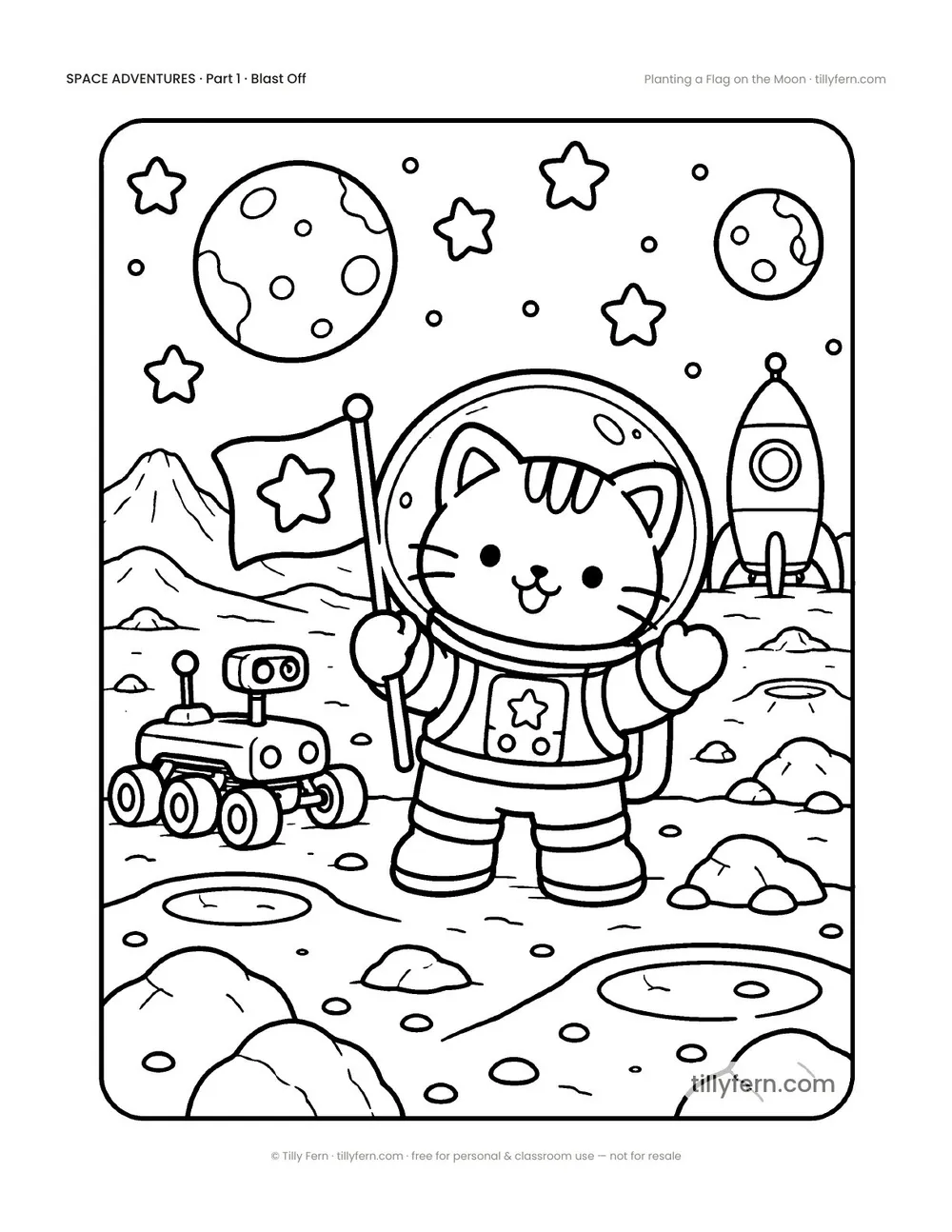 Planting a Flag on the Moon — free space coloring page from Space Adventures