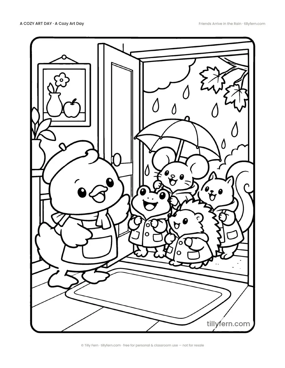 Friends Arrive in the Rain — free rainy day coloring page from A Cozy Art Day