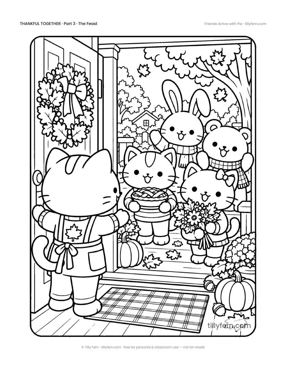 Friends Arrive with Pie — free Thanksgiving coloring page with a cute kitty, from Thankful Together