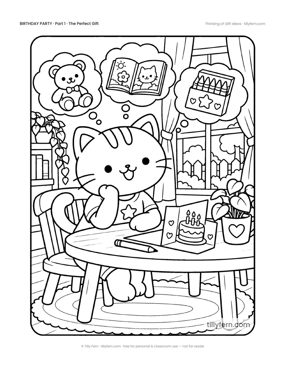 Thinking of Gift Ideas — free birthday coloring page from Birthday Party
