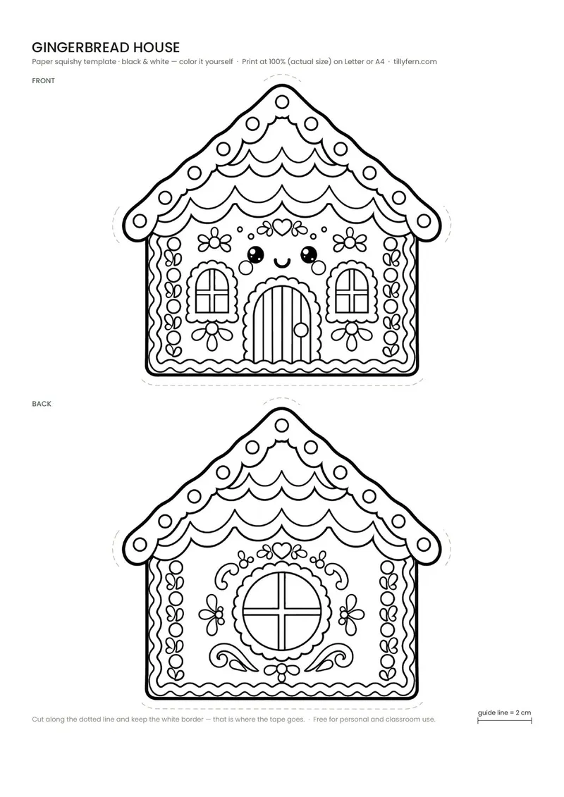Gingerbread House — black and white paper squishy template to color in