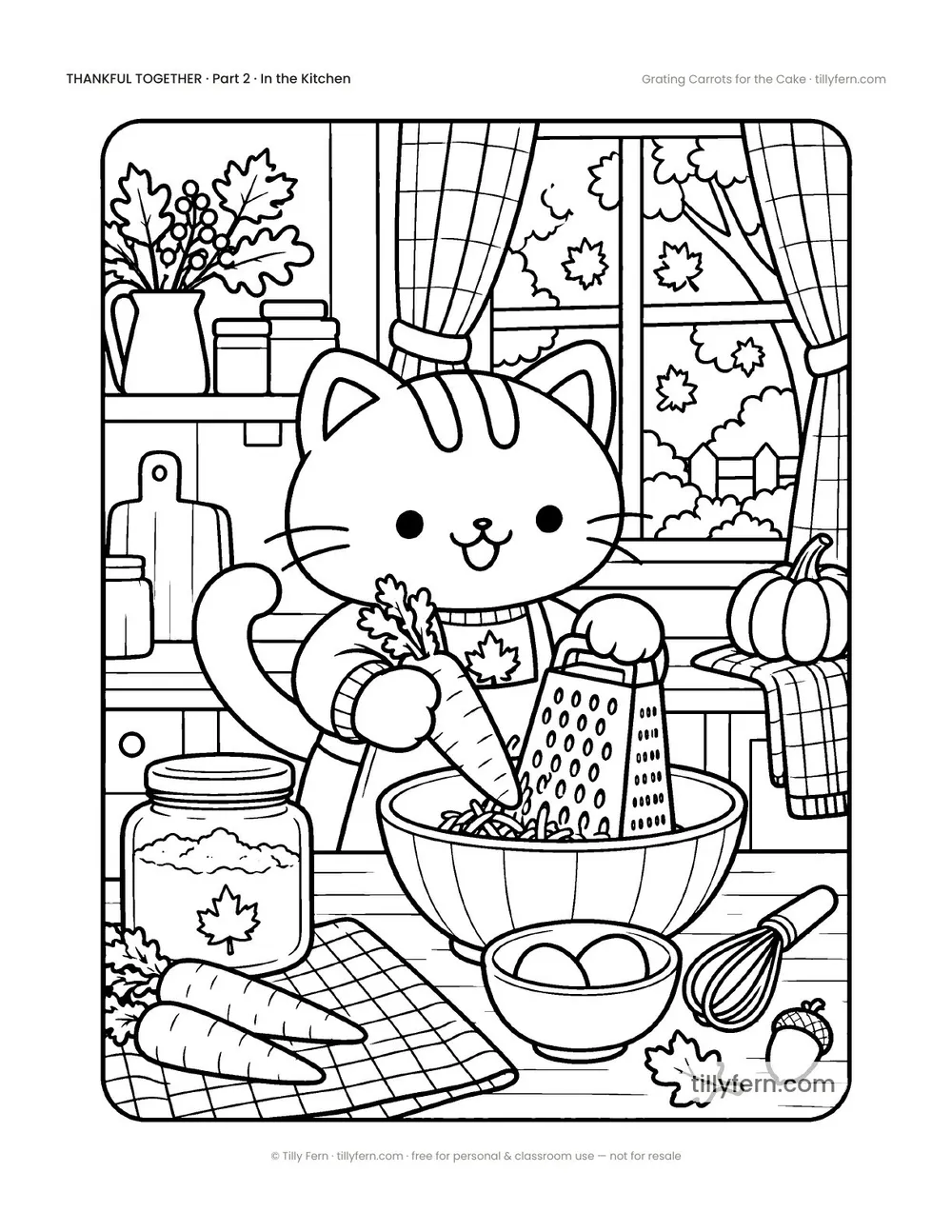 Grating Carrots for the Cake — free Thanksgiving coloring page with a cute kitty, from Thankful Together