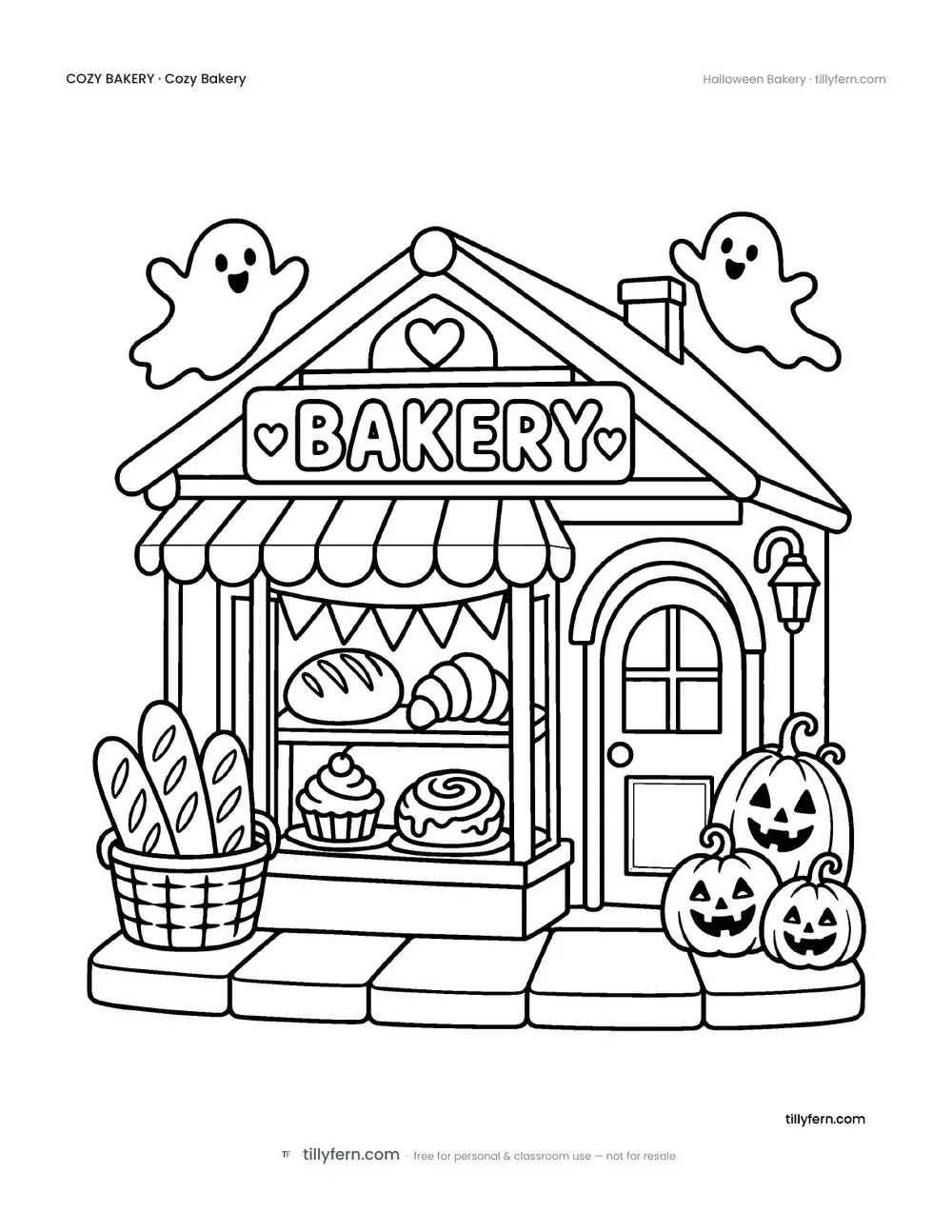 Halloween Bakery — free bakery coloring page from Cozy Bakery