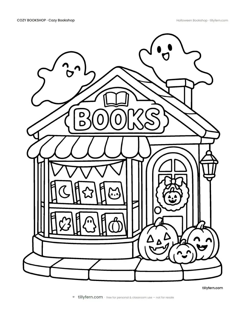 Halloween Bookshop — free bookshop coloring page from Cozy Bookshop