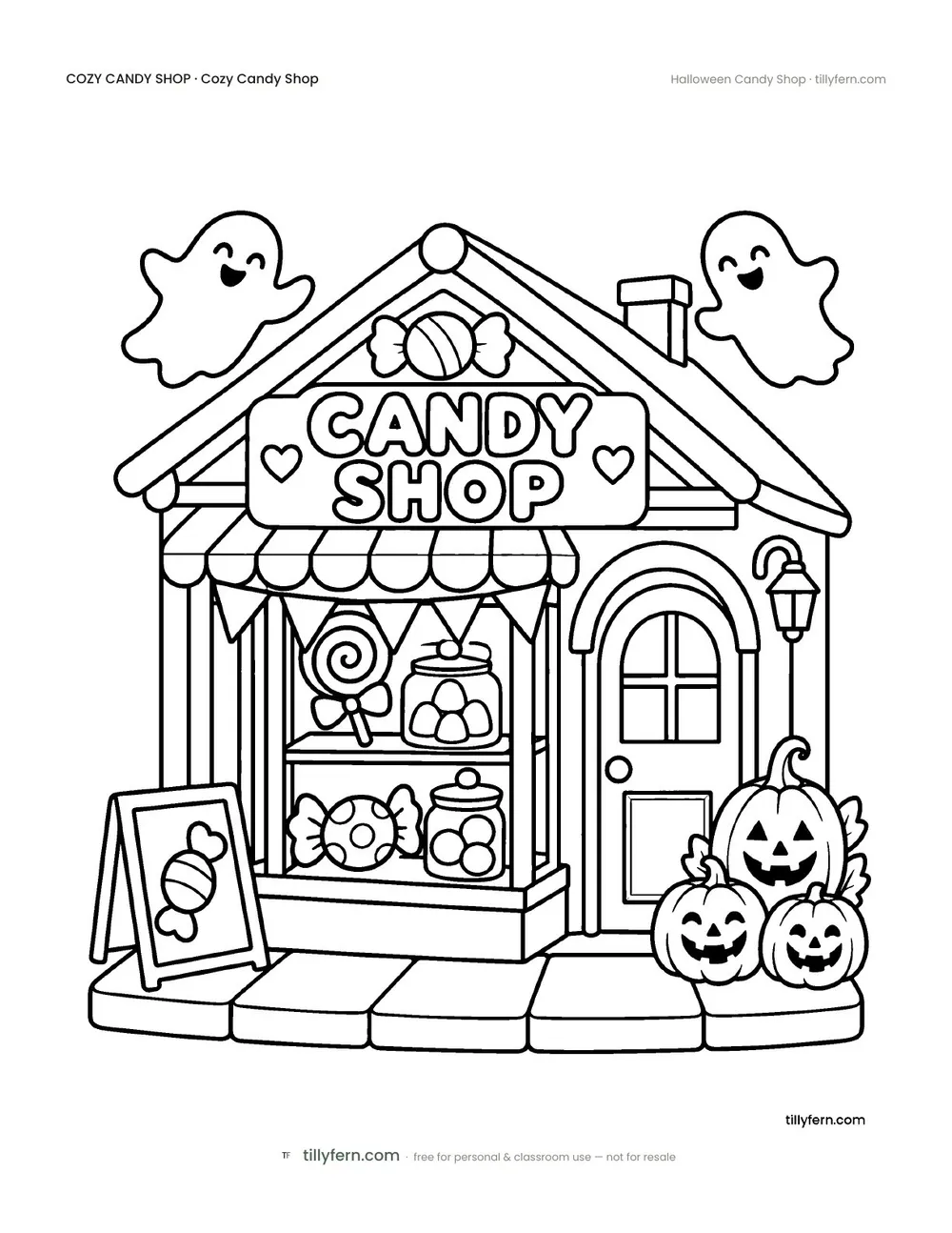 Halloween Candy Shop — free candy shop coloring page from Cozy Candy Shop