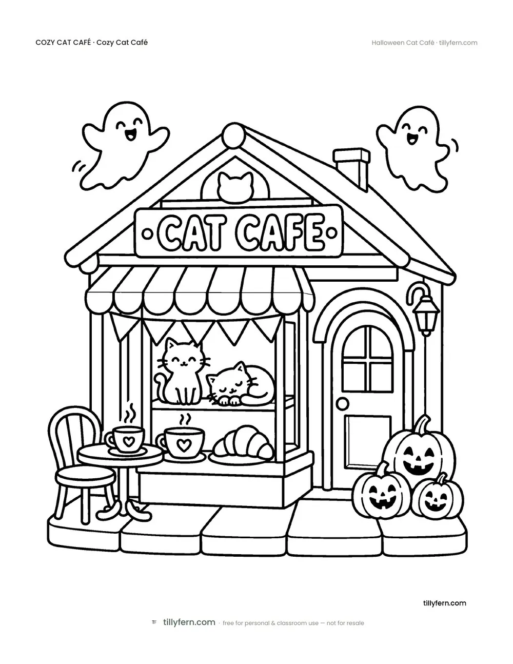 Halloween Cat Café — free cat café coloring page from Cozy Cat Café