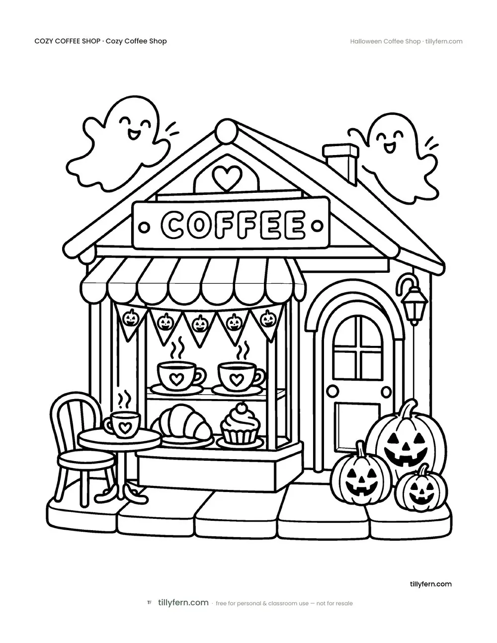 Halloween Coffee Shop — free coffee shop coloring page from Cozy Coffee Shop