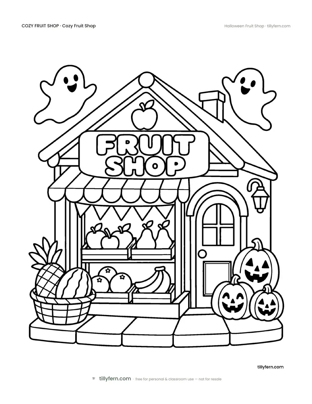 Halloween Fruit Shop — free fruit shop coloring page from Cozy Fruit Shop