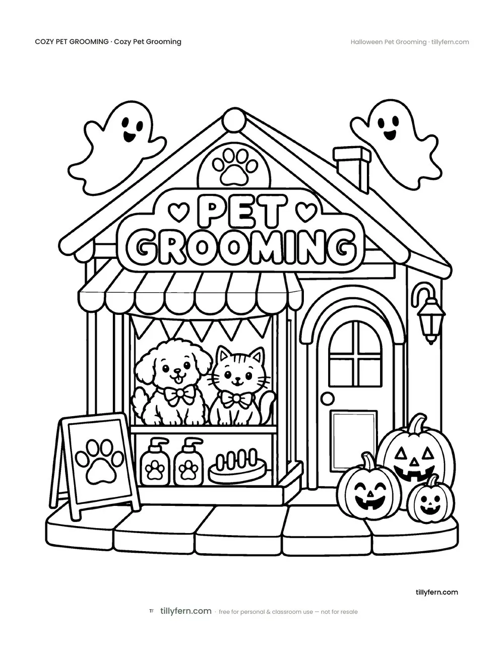 Halloween Pet Grooming — free pet grooming coloring page from Cozy Pet Grooming