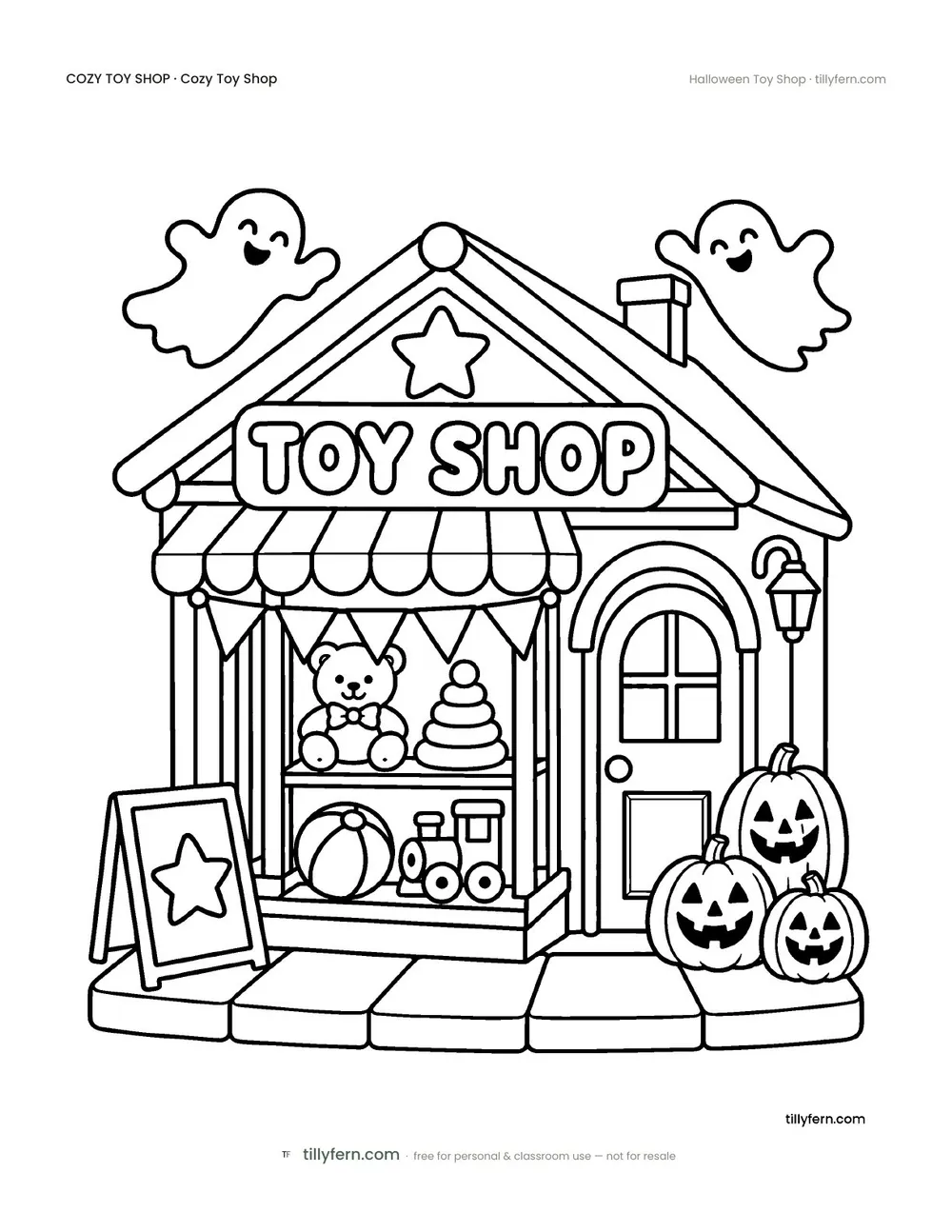 Halloween Toy Shop — free toy shop coloring page from Cozy Toy Shop