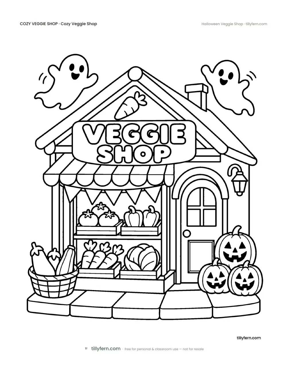 Halloween Veggie Shop — free veggie shop coloring page from Cozy Veggie Shop