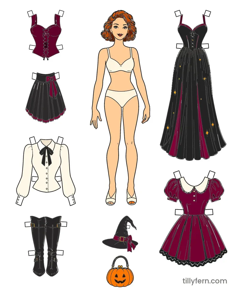 Halloween Witch Wardrobe — Doll & Outfits — colored example of the coloring page in bright colors