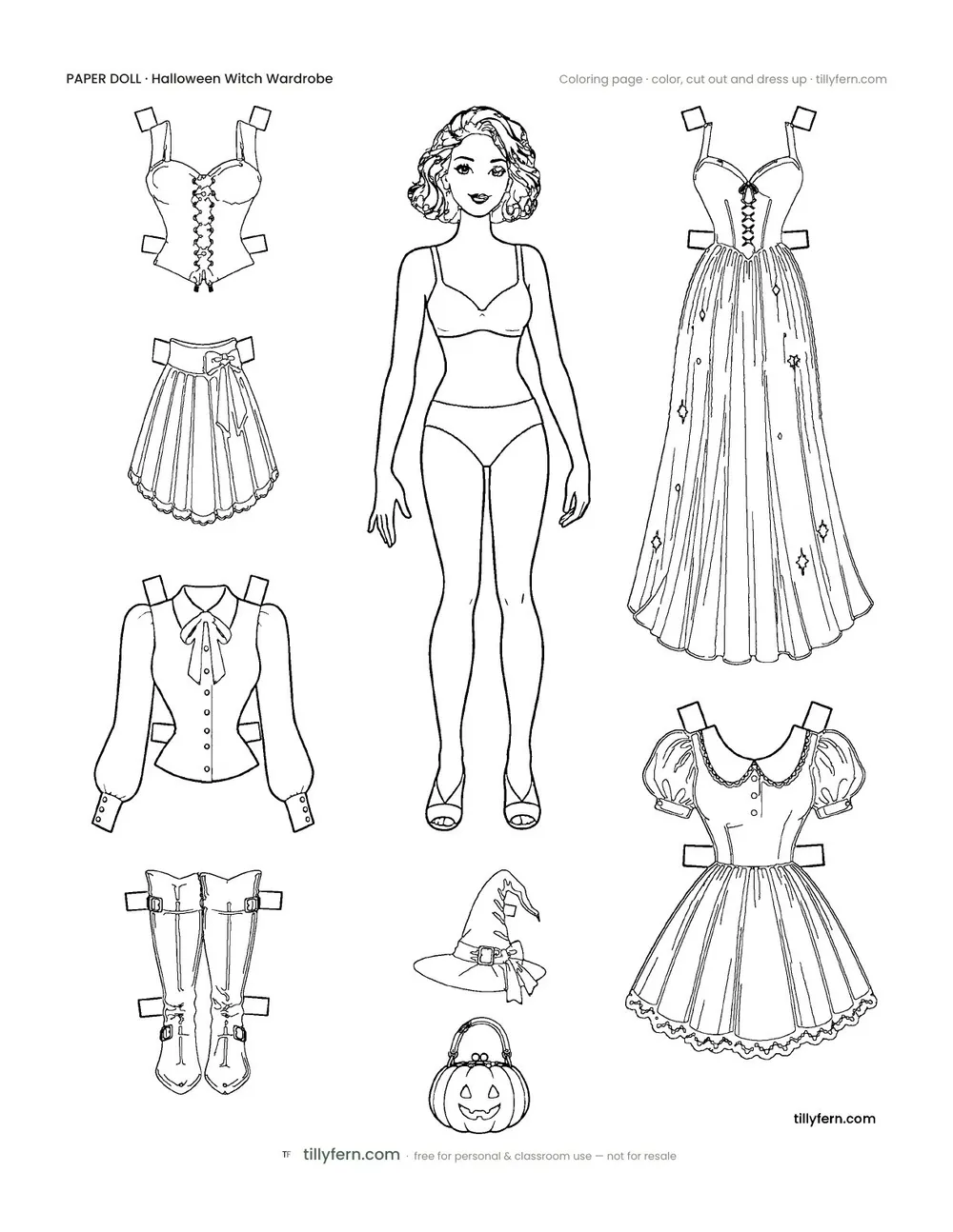 Halloween Witch Wardrobe — Doll & Outfits — free printable paper doll coloring page