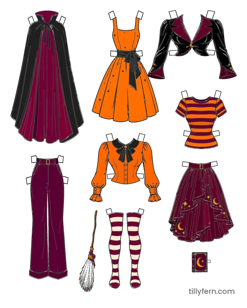 Halloween Witch Wardrobe — More Outfits — colored example of the coloring page in bright colors