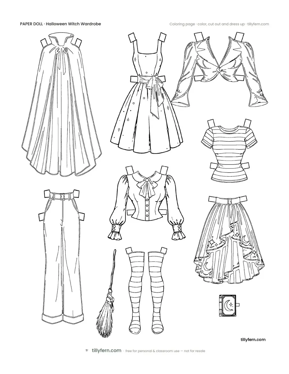 Halloween Witch Wardrobe — More Outfits — free printable paper doll coloring page