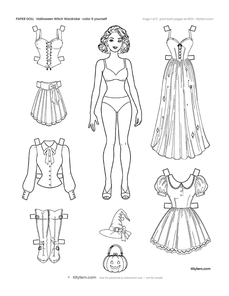 Halloween Witch Wardrobe — black and white paper doll and clothes to color in