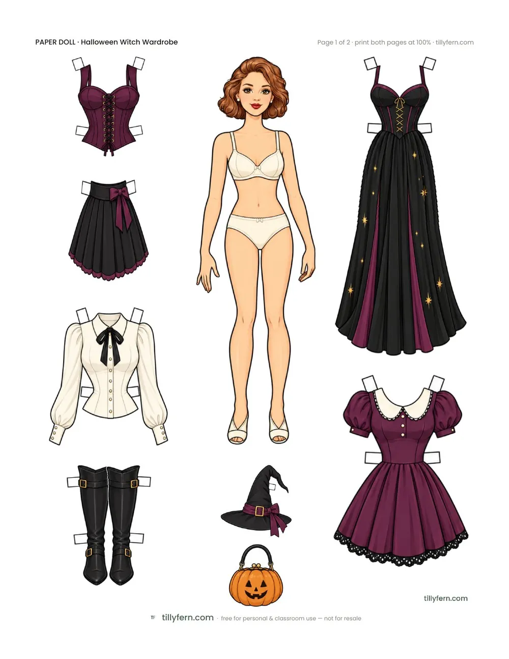 Halloween Witch Wardrobe — free printable paper doll paper doll with clothes, page 1 of 2