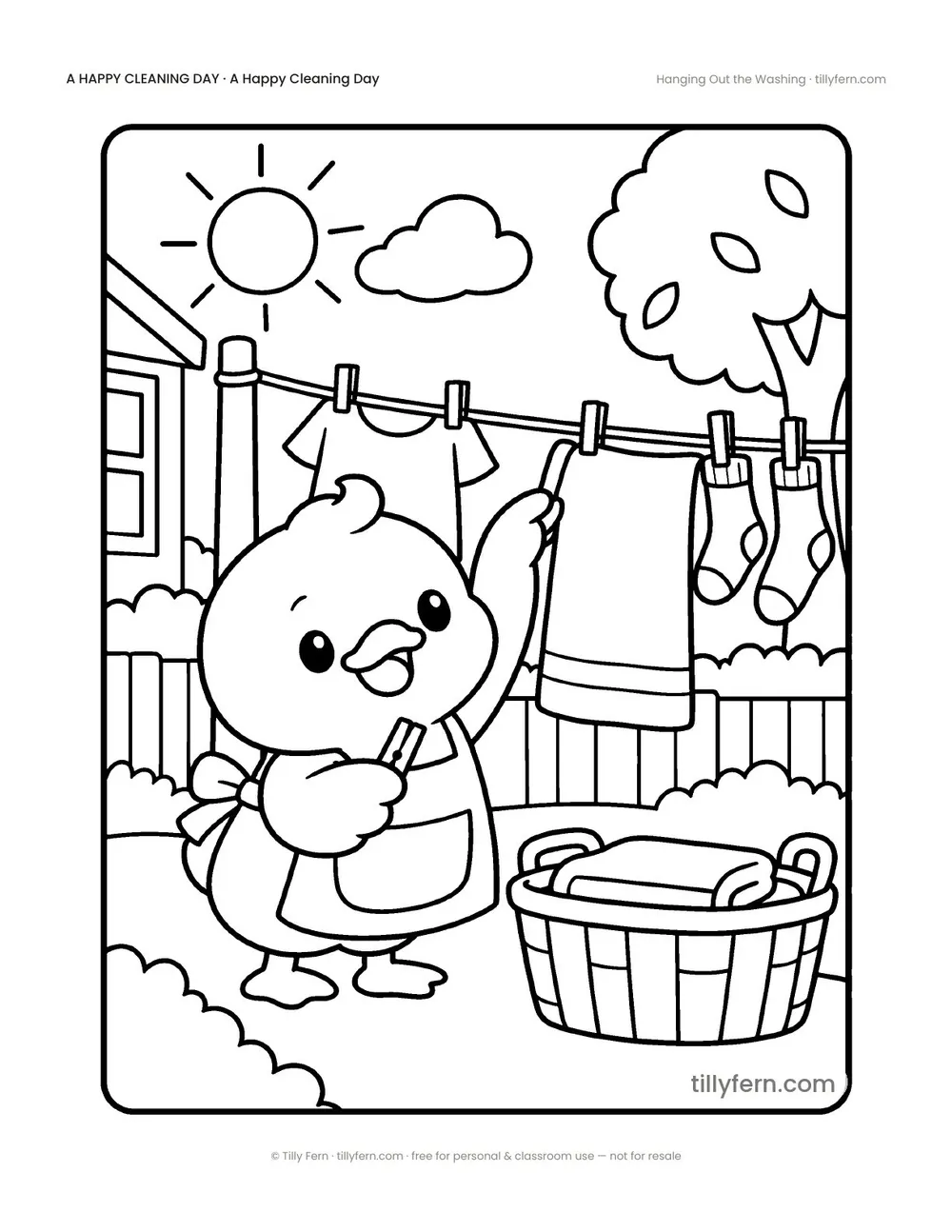 Hanging Out the Washing — free cleaning coloring page from A Happy Cleaning Day