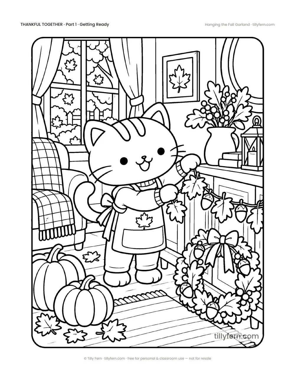 Hanging the Fall Garland — free Thanksgiving coloring page with a cute kitty, from Thankful Together