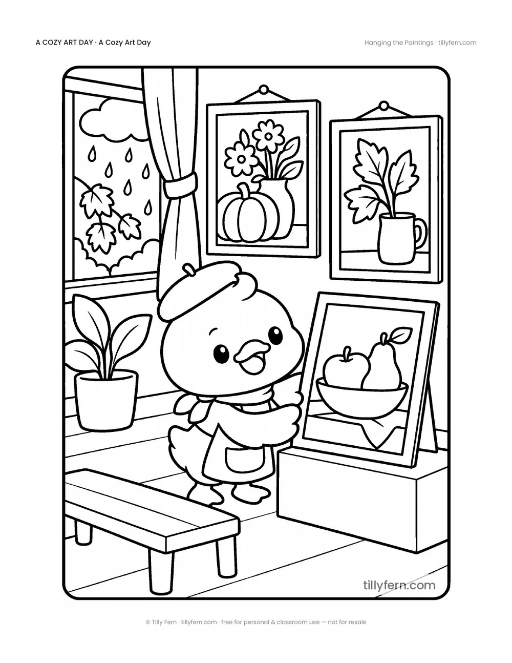 Hanging the Paintings — free rainy day coloring page from A Cozy Art Day