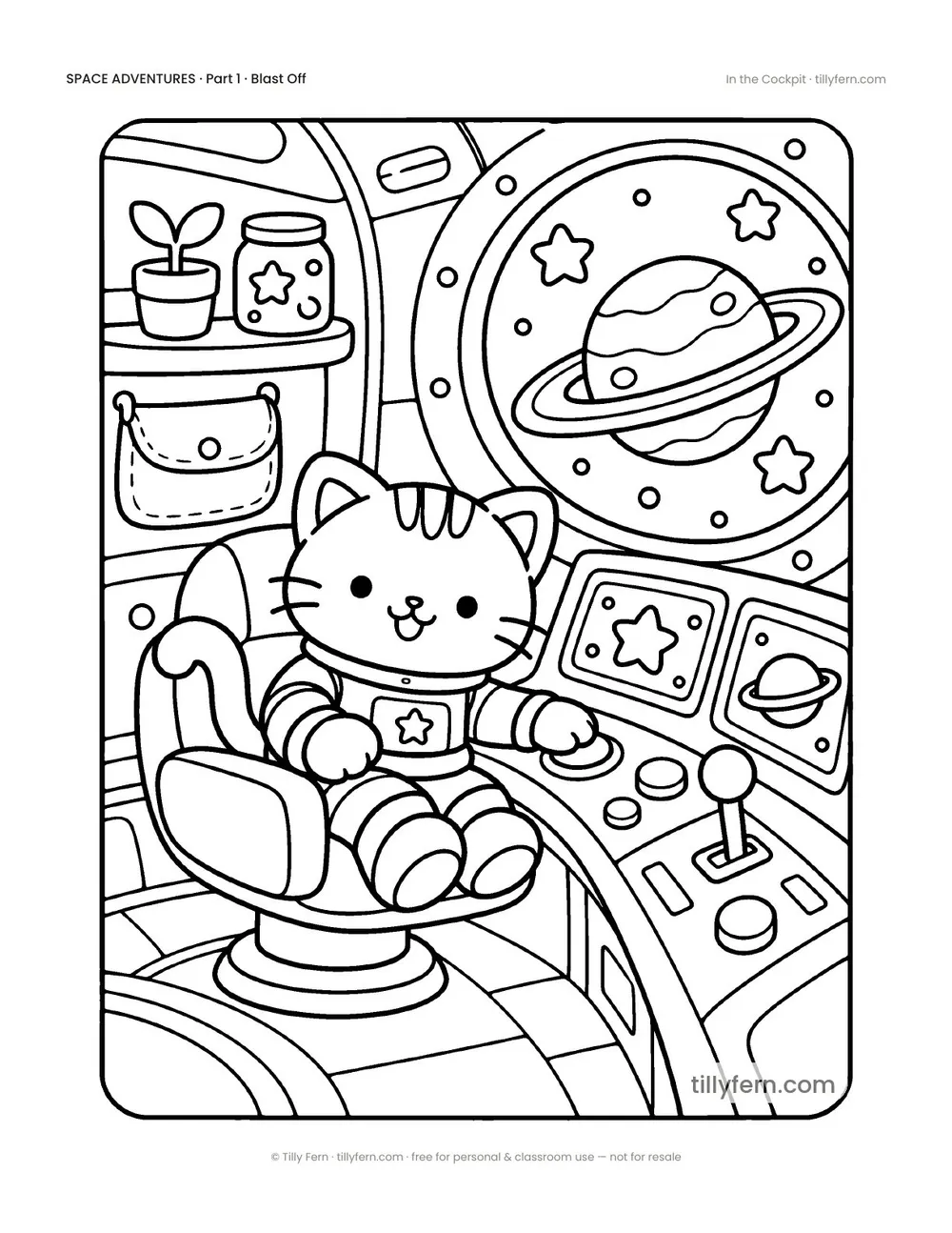 In the Cockpit — free space coloring page from Space Adventures