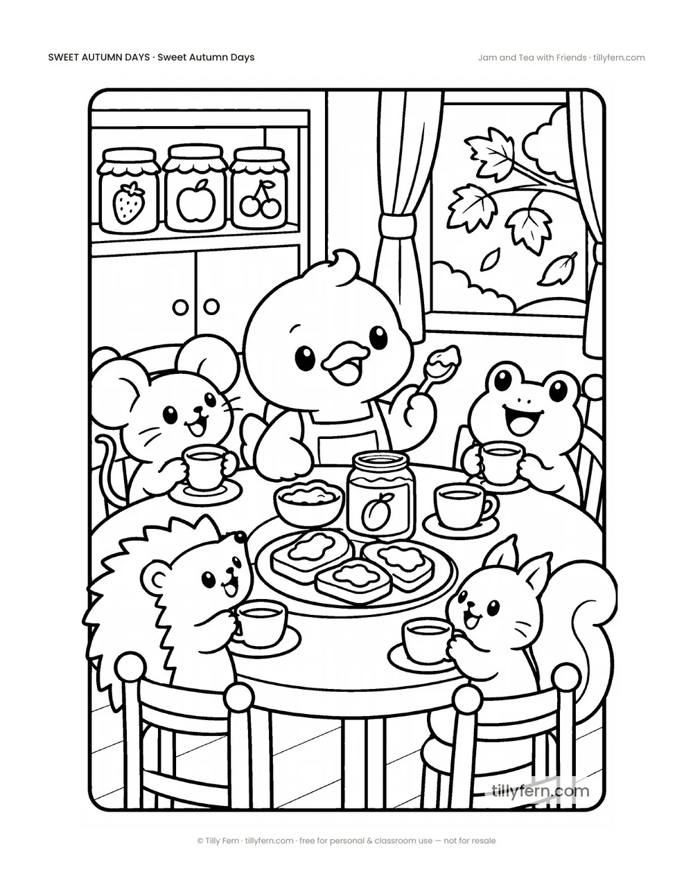 Jam and Tea with Friends — free cozy fall coloring page from Sweet Autumn Days