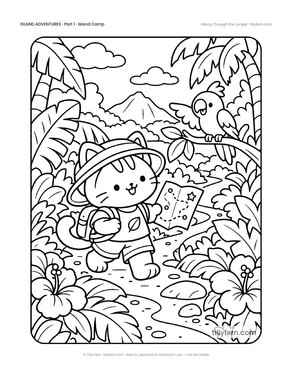 Hiking Through the Jungle — free beach and summer coloring page from Island Adventures
