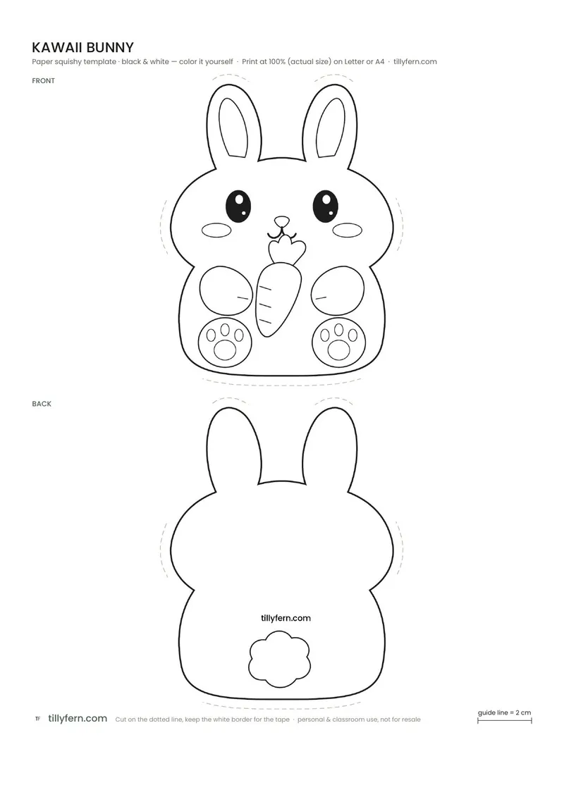 Kawaii Bunny — black and white paper squishy template to color in