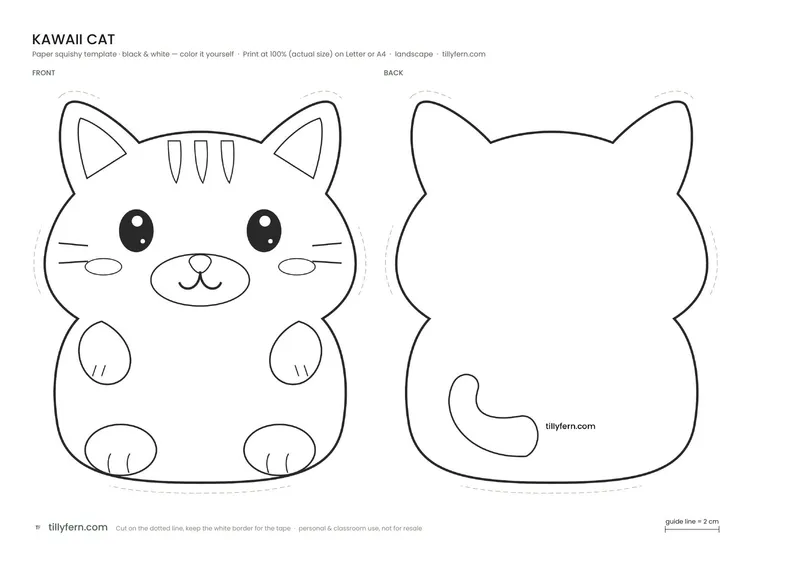 Kawaii Cat — black and white paper squishy template to color in