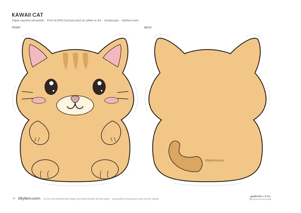 Kawaii Cat — free printable paper squishy from Kawaii Paper Squishy Templates: Full-Body Animals