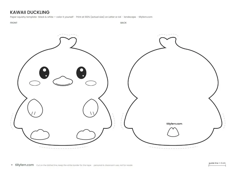 Kawaii Duckling — black and white paper squishy template to color in