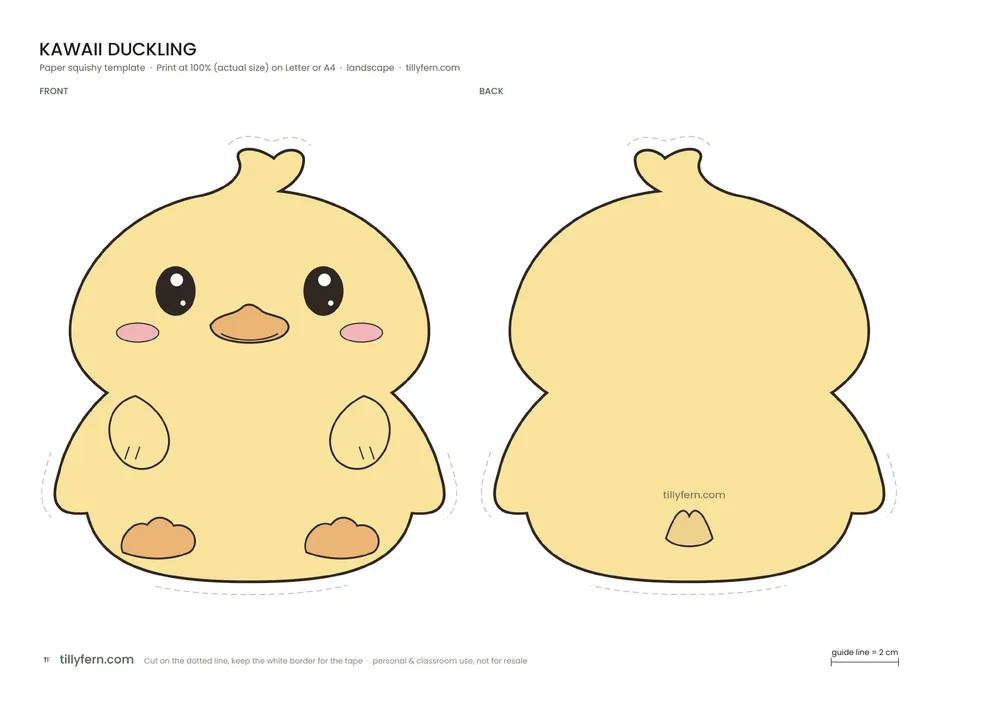 Kawaii Duckling — free printable paper squishy from Kawaii Paper Squishy Templates: Full-Body Animals