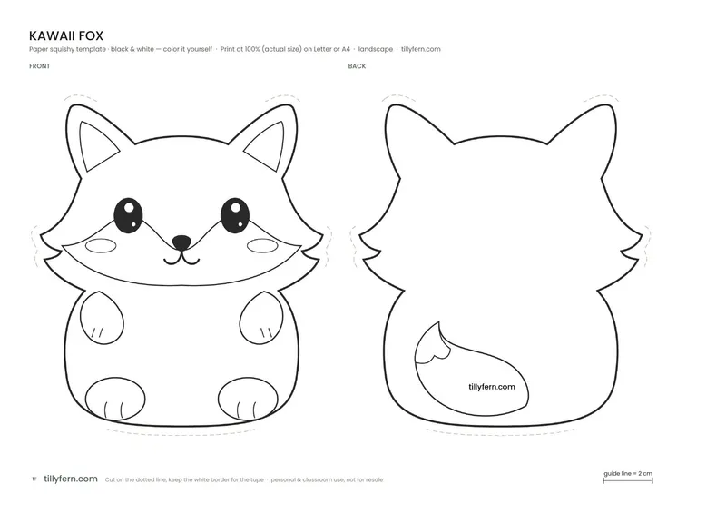 Kawaii Fox — black and white paper squishy template to color in