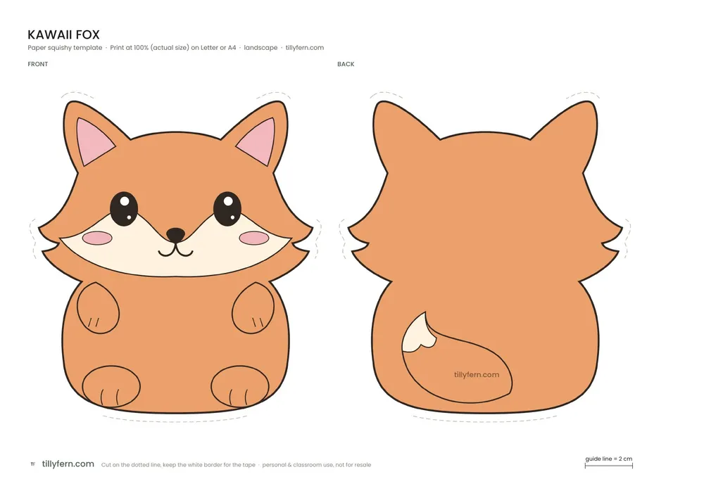 Kawaii Fox — free printable paper squishy from Kawaii Paper Squishy Templates: Full-Body Animals