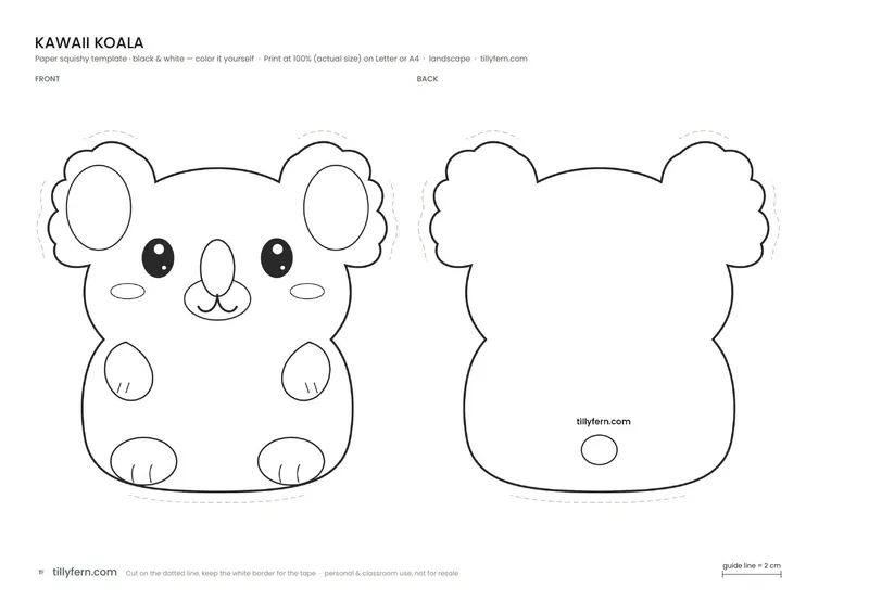 Kawaii Koala — black and white paper squishy template to color in