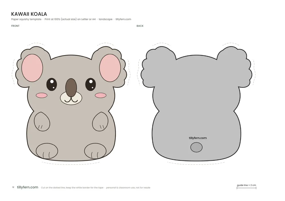 Kawaii Koala — free printable paper squishy from Kawaii Paper Squishy Templates: Full-Body Animals