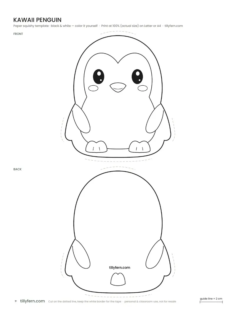Kawaii Penguin — black and white paper squishy template to color in