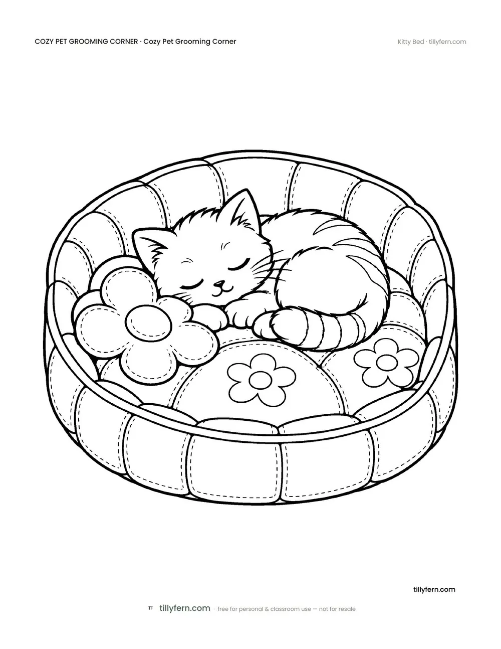 Kitty Bed — free pet grooming corner coloring page from Cozy Pet Grooming Corner