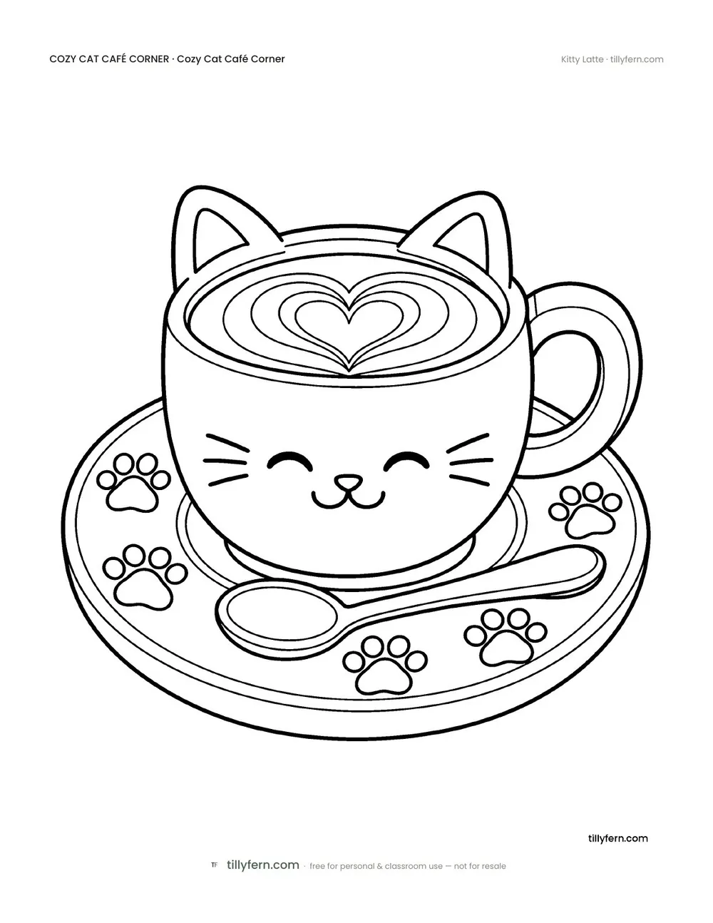 Kitty Latte — free cat café corner coloring page from Cozy Cat Café Corner