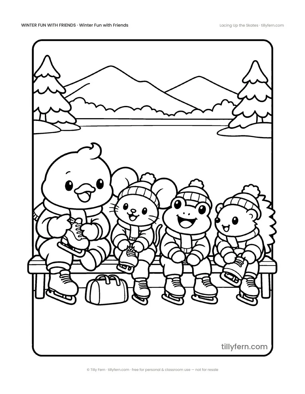 Lacing Up the Skates — free winter coloring page from Winter Fun with Friends