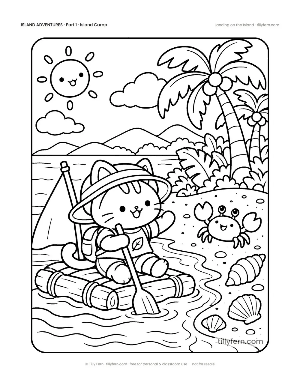 Landing on the Island — free beach and summer coloring page from Island Adventures