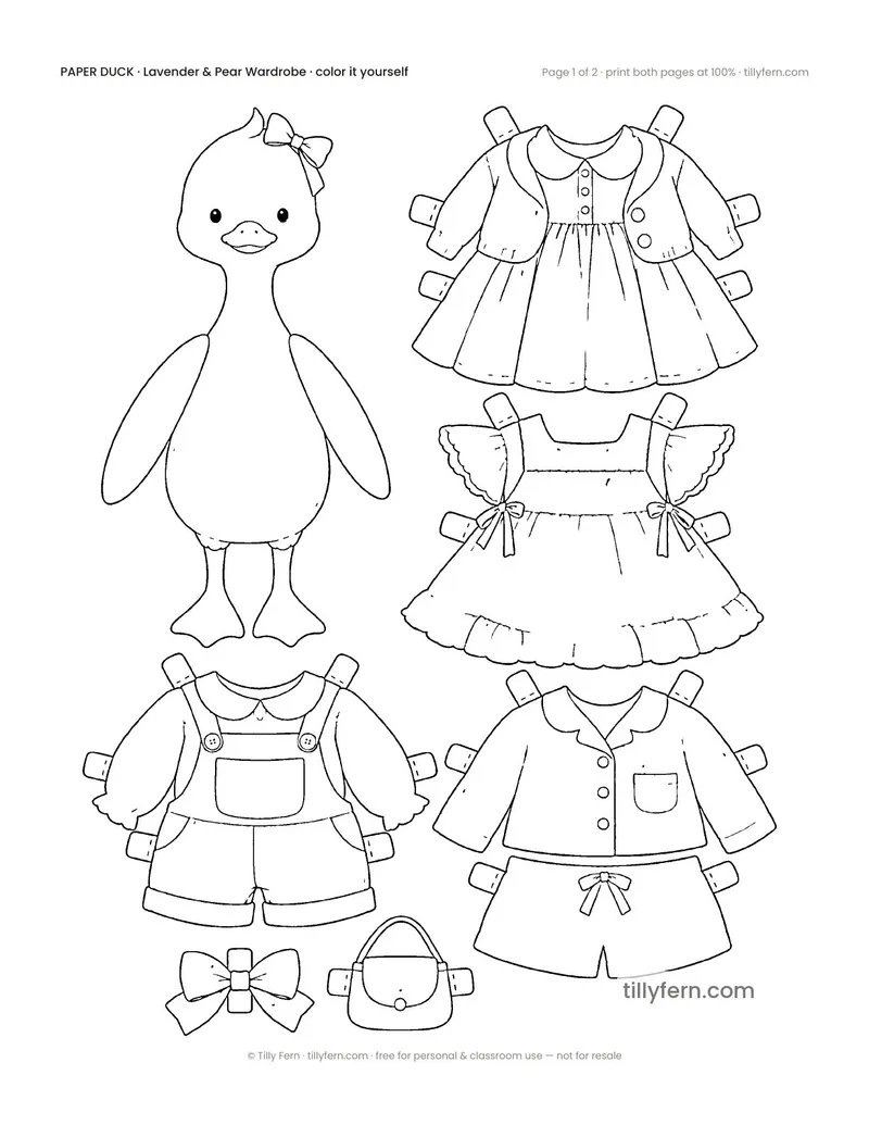 Lavender & Pear Wardrobe — black and white paper doll and clothes to color in