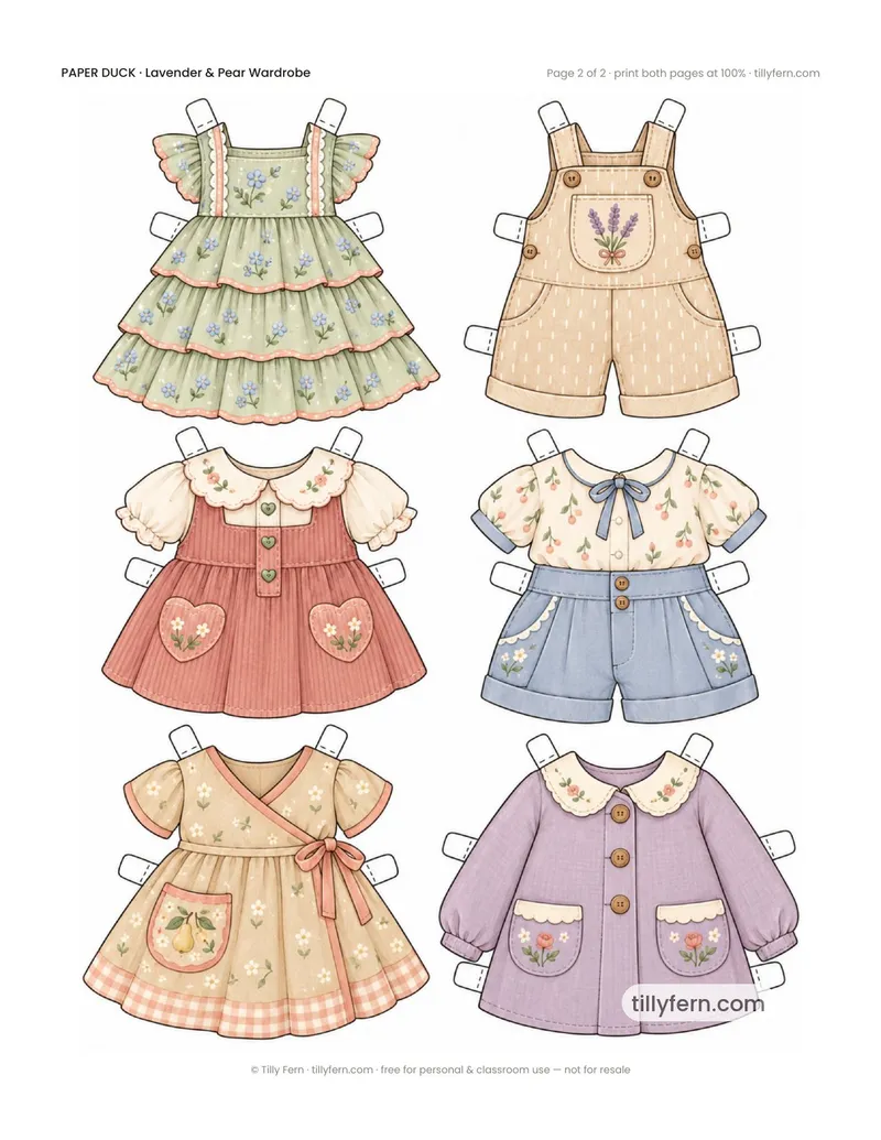 Lavender & Pear Wardrobe — page 2: more printable paper doll clothes