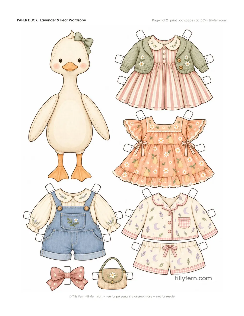 Lavender & Pear Wardrobe — free printable paper duck paper doll with clothes, page 1 of 2