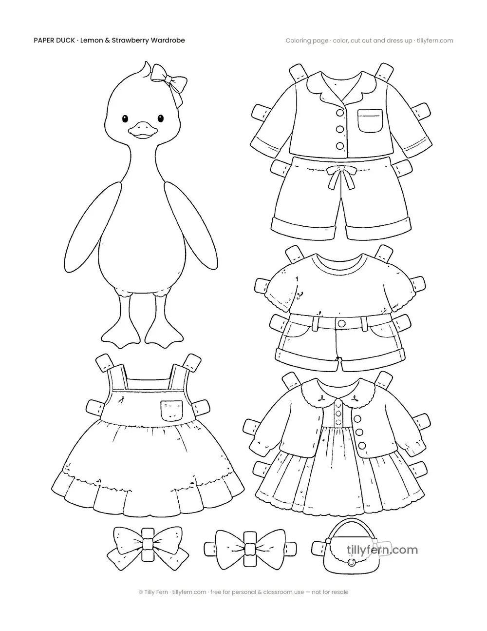 Lemon & Strawberry Wardrobe — Duck & Outfits — free printable paper duck coloring page