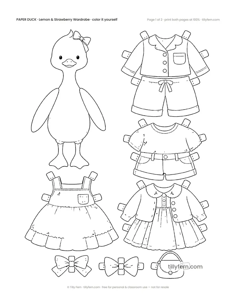 Lemon & Strawberry Wardrobe — black and white paper doll and clothes to color in