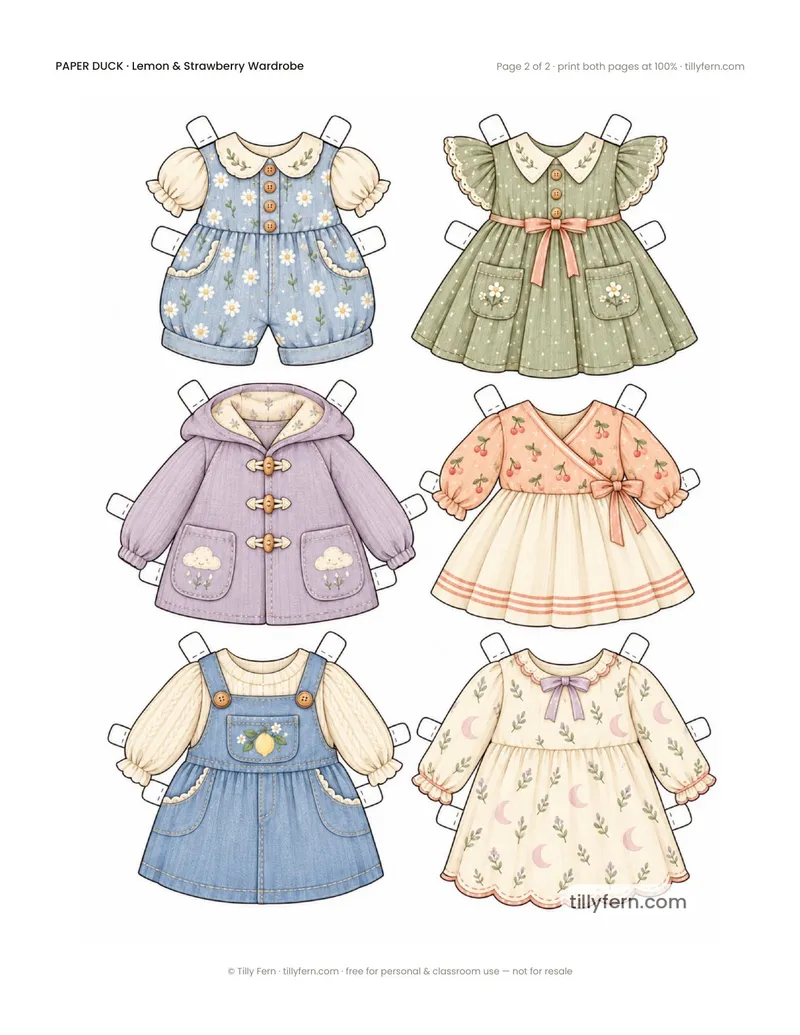 Lemon & Strawberry Wardrobe — page 2: more printable paper doll clothes