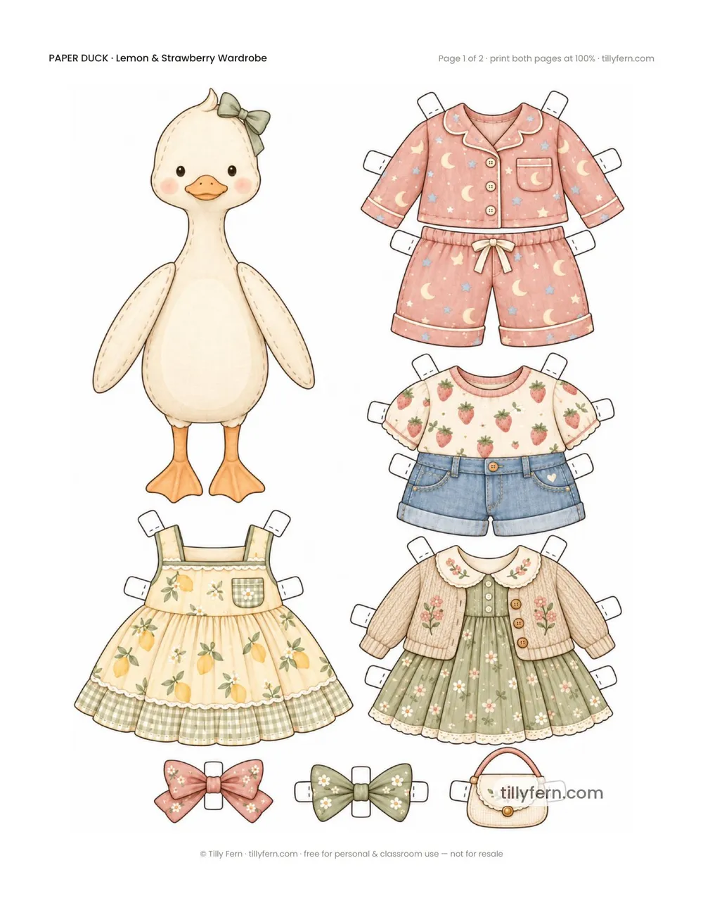 Lemon & Strawberry Wardrobe — free printable paper duck paper doll with clothes, page 1 of 2