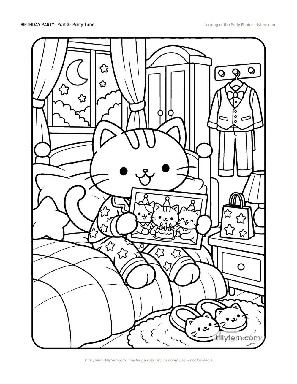Looking at the Party Photo — free birthday coloring page from Birthday Party
