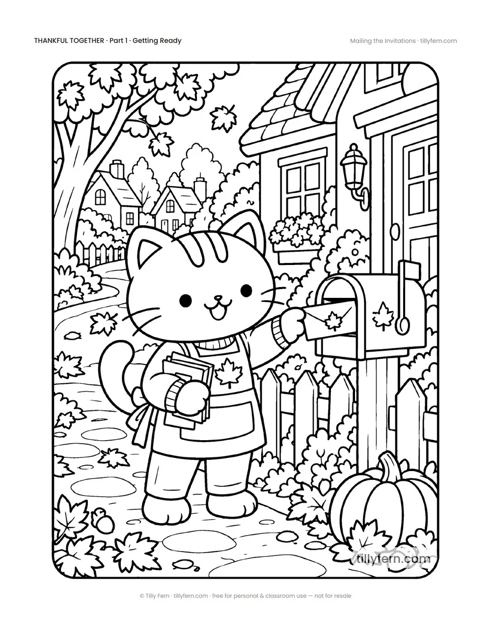 Mailing the Invitations — free Thanksgiving coloring page with a cute kitty, from Thankful Together